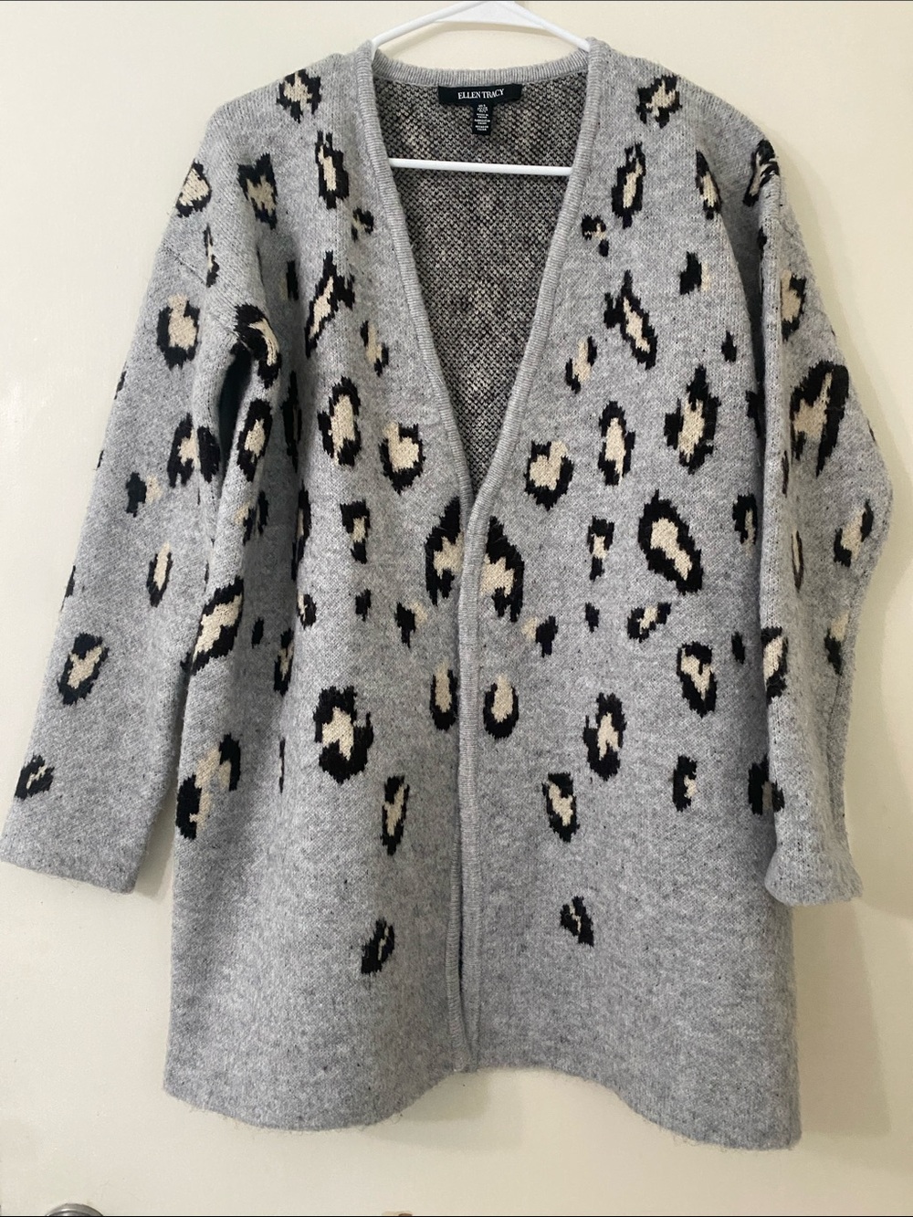 Ellen Tracy Gray Leopard Print Open Cardigan Sweater